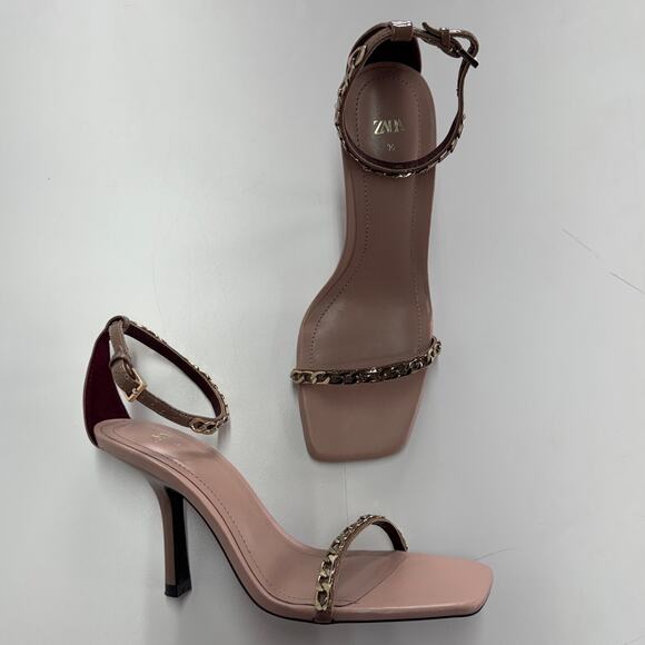 Zara Heels Womens 36 5 US Pink Chain Detail Square Toe Wrap Ankle - Picture 1 of 9